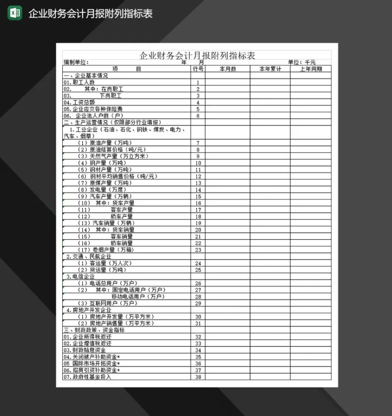 企业财务会计月报附列指标表Excel模板