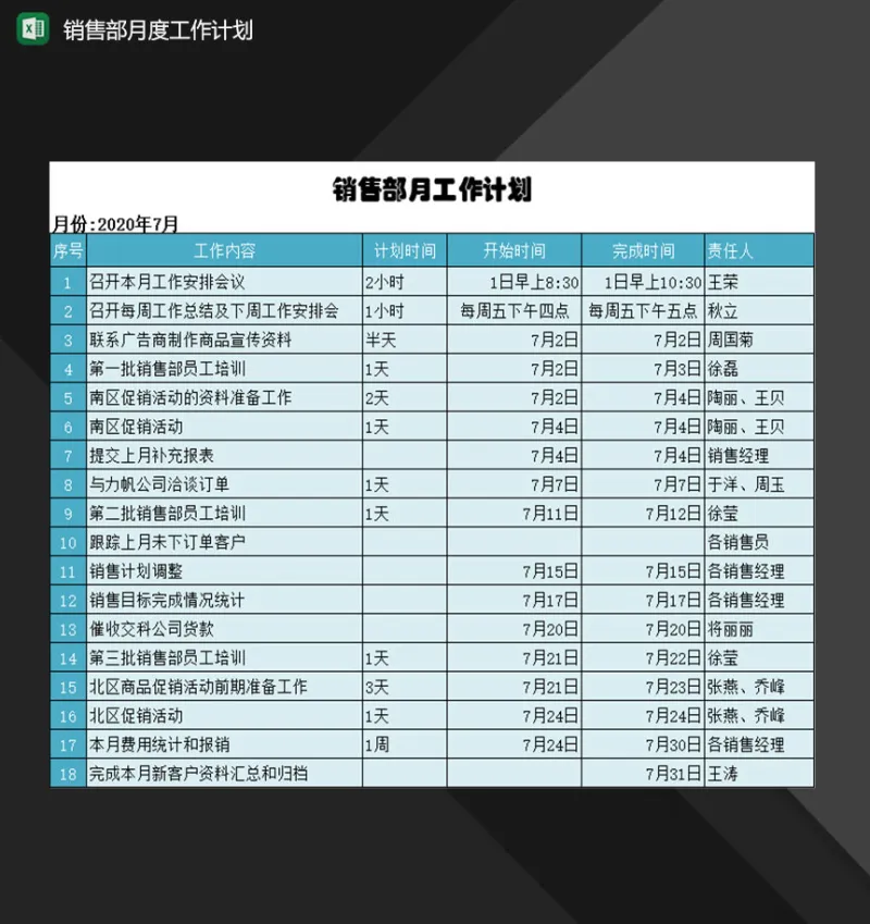 企业单位销售部月度工作计划表Excel模板