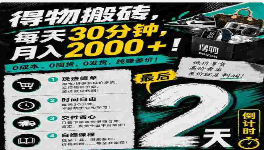 得物搬砖,0成本起步每天30分钟,月入2000+!