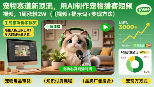 宠物赛道新顶流，用AI制作宠物播客短视频，1周涨粉2W(视频+提示词+变现方法)