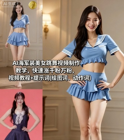 AI海军装美女跳舞视频制作教学，快速涨千粉万粉，视频教程+提示词(绘图词、动作词)