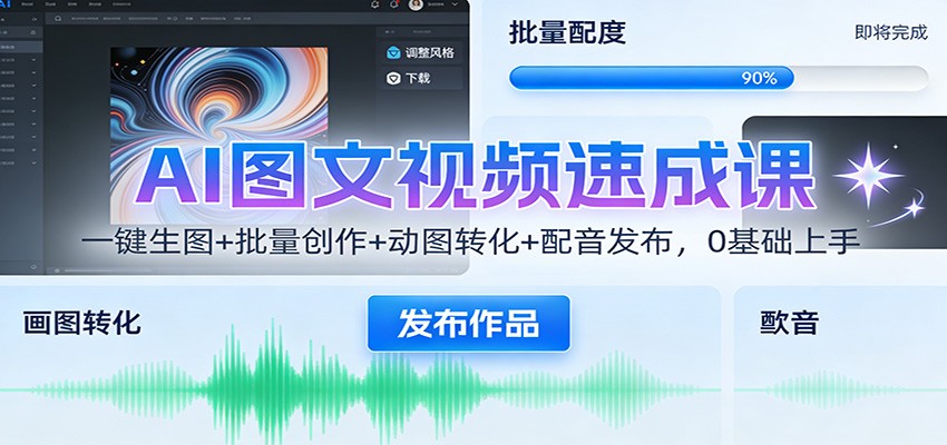 AI图文视频速成课：一键生图+批量创作+动图转化+配音发布，0基础上手