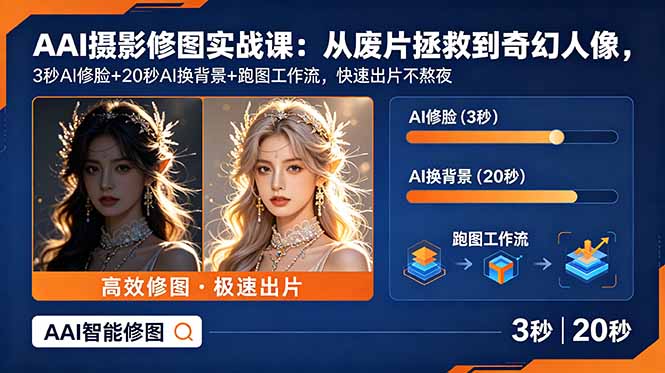 AI摄影修图实战课:从废片拯救 到 奇幻人像,3秒AI修脸+20秒AI换背景+跑图工作流,快速出片不熬夜