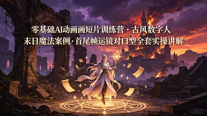 零基础AI动画短片训练营,古风数字人末日魔法案例,首尾帧运镜对口型全套实操讲解
