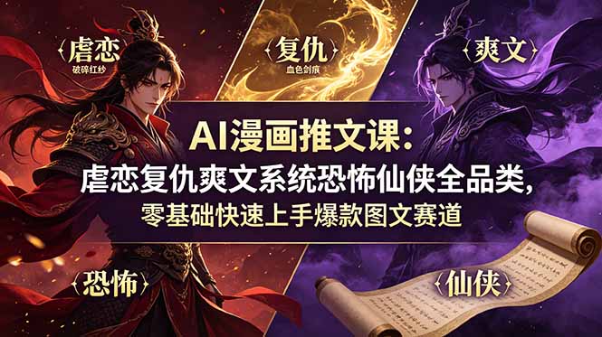 AI漫画推文课：虐恋复仇爽文系统恐怖仙侠全品类，零基础快速上手爆款图文赛道