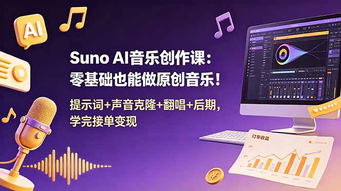 Suno AI音乐创作课:零基础也能做原创音乐!提示词+声音克隆+翻唱+后期,学完接单变现