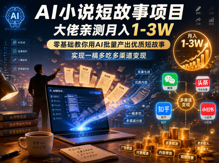 AI小说短故事项目，大佬亲测月入1-3W，零基础教你用AI批量产出优质短故事，实现一稿多吃多渠道变现(更新0624)