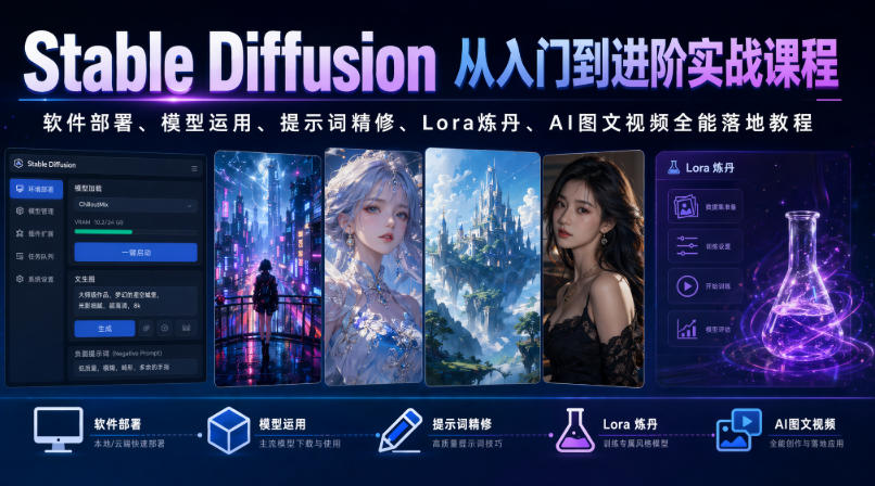 Stable Diffusion从入门到进阶实战课程|软件部署、模型运用、提示词精修、Lora炼丹、AI图文视频全能落地教程