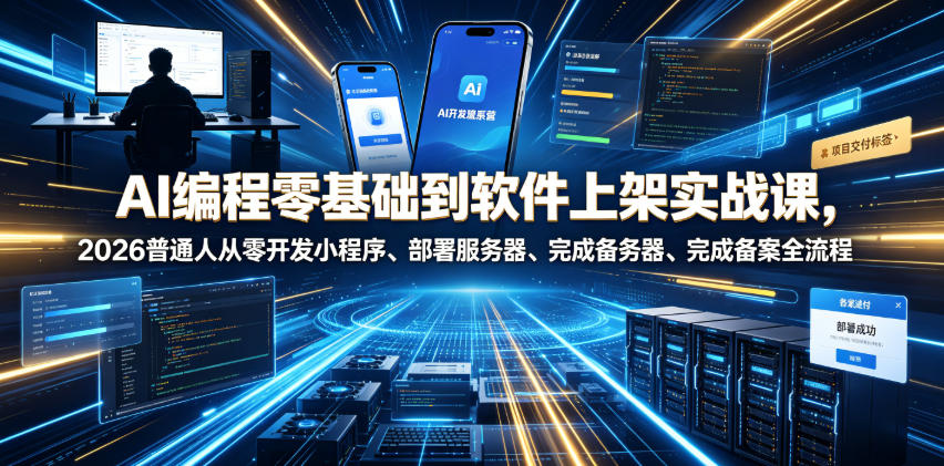 AI编程零基础到软件上架实战课，2026普通人从零开发小程序、部署服务器、完成备案全流程项目落地教程