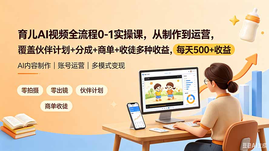 育儿AI视频全流程0-1实操课，从制作到运营，覆盖伙伴计划+分成+商单+收徒多种收益，每天500+收益