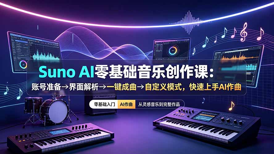 Suno AI零基础音乐创作课:账号准备→界面解析→一键成曲→自定义模式,快速上手AI作曲