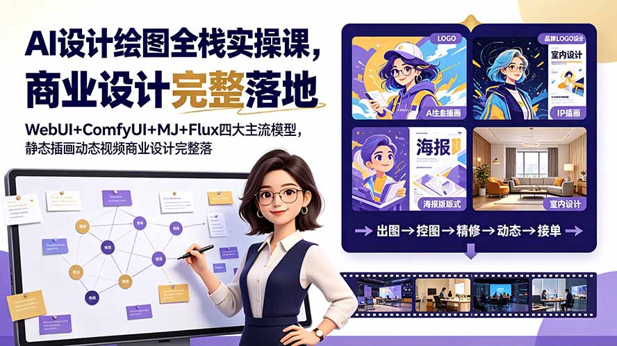 AI设计绘图全栈实操课,WebUI+ComfyUI+MJ+Flux四大主流模型,静态插画动态视频商业设计完整落地教程