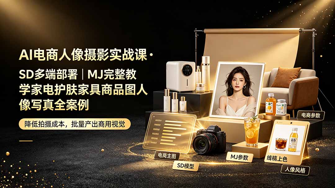 AI电商人像摄影实战课·SD多端部署|MJ完整教学|家电护肤家具商品图人像写真全案例