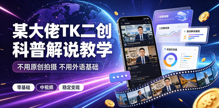 某大佬TK二创科普解说教学,不用原创拍摄不用外语基础,零基础做TikTok中视频稳定变现