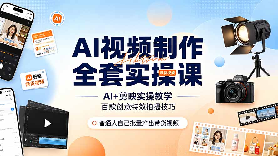 AI视频制作全套实操课,多款AI工具搭配剪映教学,百种特效运镜拍摄实操,抖音账号带货运营全覆盖