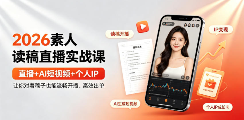 2026素人读稿直播实战课|直播+AI短视频+个人IP,让你对着稿子也能流畅开播、高效出单