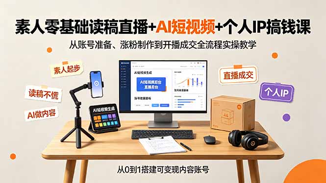 素人零基础读稿直播+AI短视频+个人IP搞钱课,从账号准备、涨粉制作到开播成交全流程实操教学