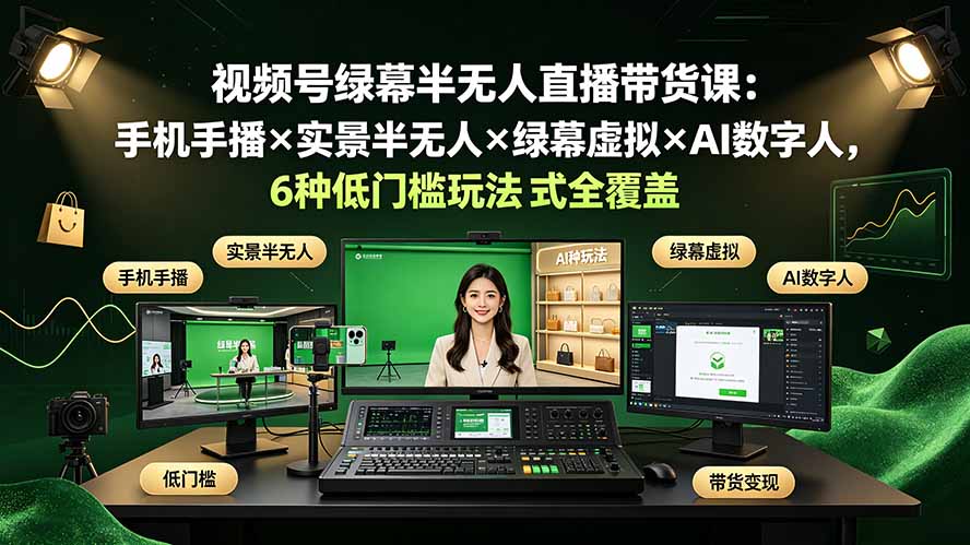 视频号绿幕半无人直播带货课:手机手播×实景半无人×绿幕虚拟×AI数字人,6种低门槛玩法全覆盖