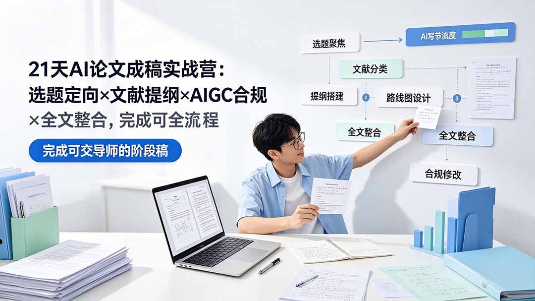 21天AI论文成稿实战营:选题定向×文献提纲×AIGC合规×全文整合,完成可交导师的阶段稿