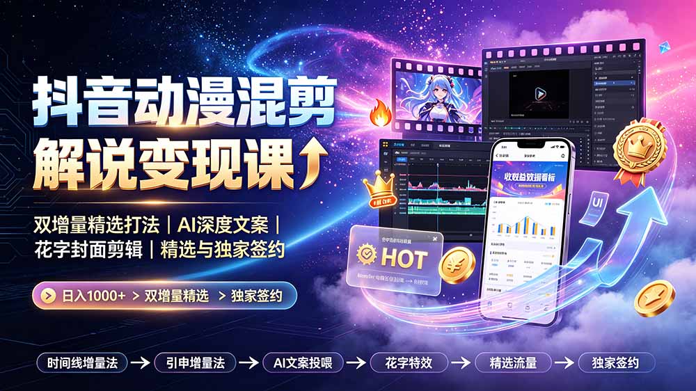 抖音动漫混剪解说变现课：双增量精选打法｜AI深度文案｜花字封面剪辑｜ 精选与独家签约日入1000+