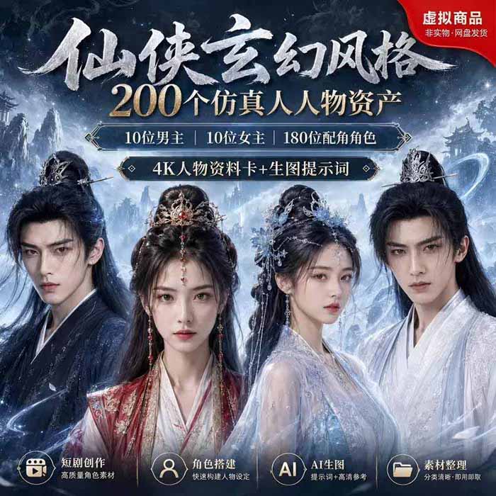 200个仙侠玄幻仿真人素材◆10男主×10女主×180配角，4K资料卡+AI生图提示词，漫剧必备