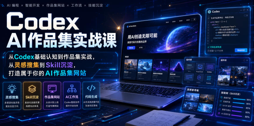 Codex AI作品集实战课,从Codex基础认知到作品集实战,从灵感搜集到Skill沉淀,打造属于你的AI作品集网站