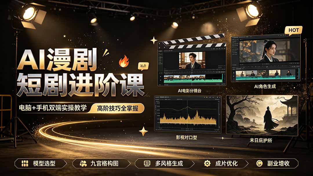 AI漫剧短剧进阶课|电脑+手机双端实操教学|影视剧对口型人物吃瓜×解压末日庇护所全程讲解,高阶技巧全掌握