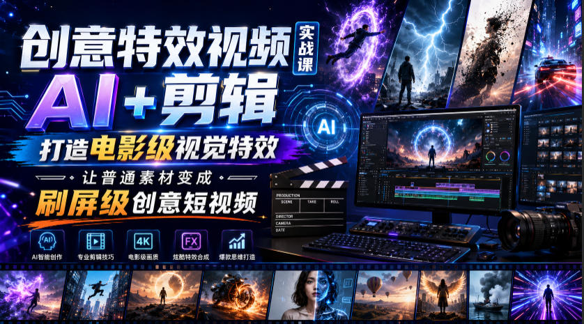创意特效视频实战课,AI+剪辑打造电影级视觉特效,让普通素材变成刷屏级创意短视频
