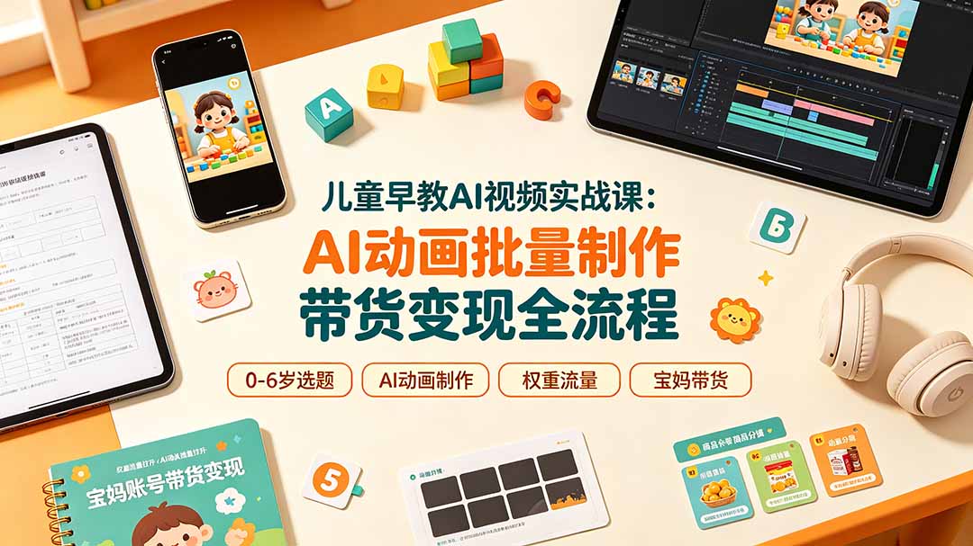 儿童早教AI视频实战课:0-6岁认知选题|AI动画批量制作|权重流量拉升|宝妈账号带货变现全流程