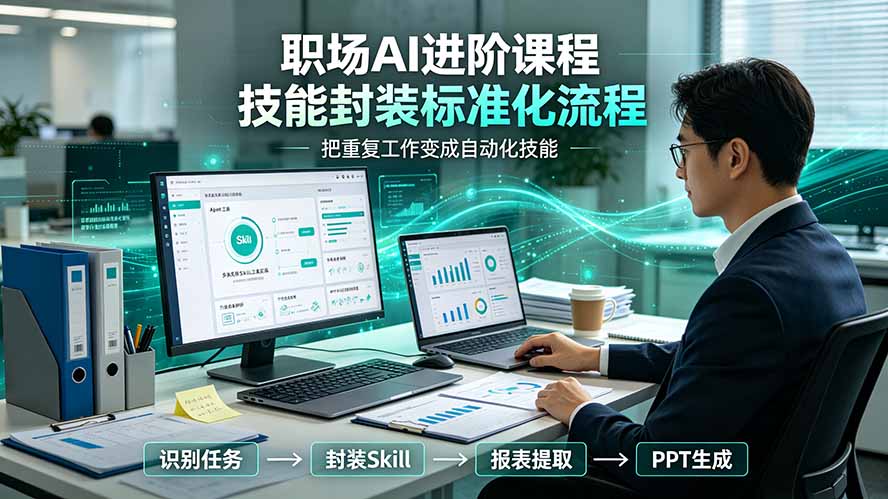 职场AI进阶课程;多类实用Skill工具实操,专属技能封装标准化流程,报表行业报告一键提取核心内容