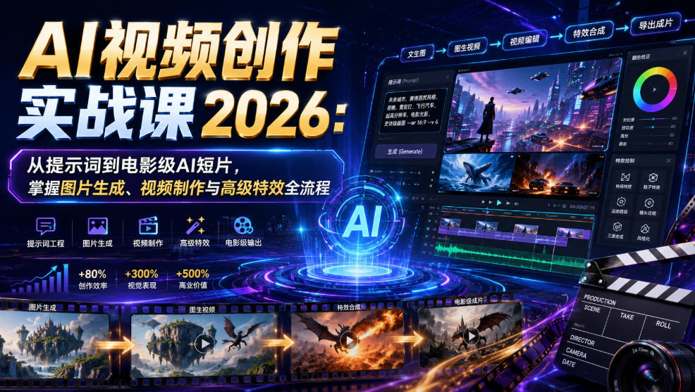 AI视频创作实战课2026:从提示词到电影级AI短片,掌握图片生成、视频制作与高级特效全流程