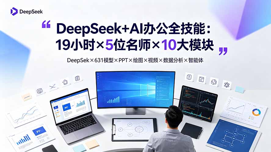 DeepSeek+AI办公全技能:19小时×5位名师×10大模块,DeepSeek×631模型×PPT×绘图×视频×数据分析×智能体