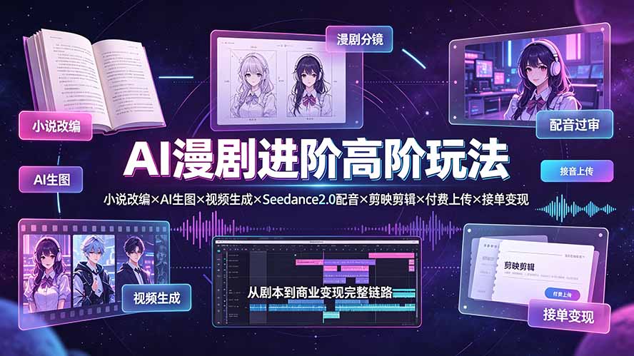 AI漫剧进阶高阶玩法:小说改编×AI生图×视频生成×Seedance2.0配音×剪映剪辑×付费上传×接单变现