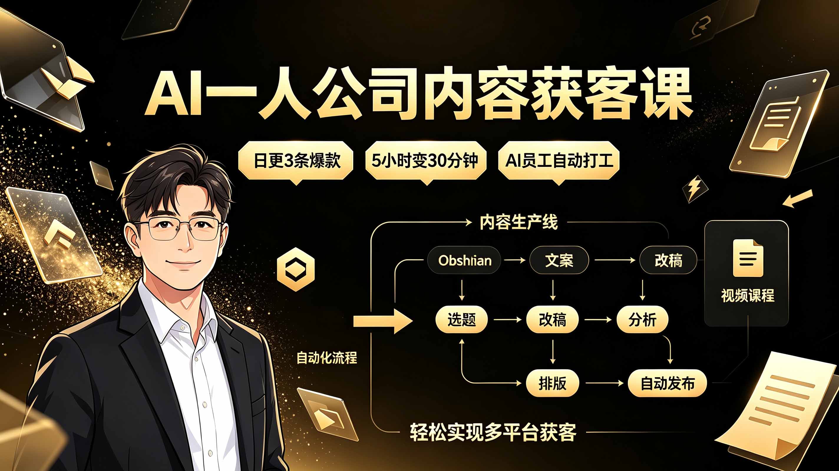 AI一人公司内容获客课:日更3条爆款×5小时变30分钟×AI员工自动打工,轻松实现多平台获客