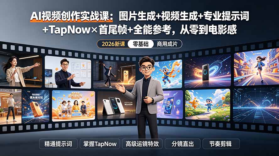 AI视频创作实战课:图片生成+视频生成+专业提示词+TapNow×首尾帧+全能参考,从零到电影感成片