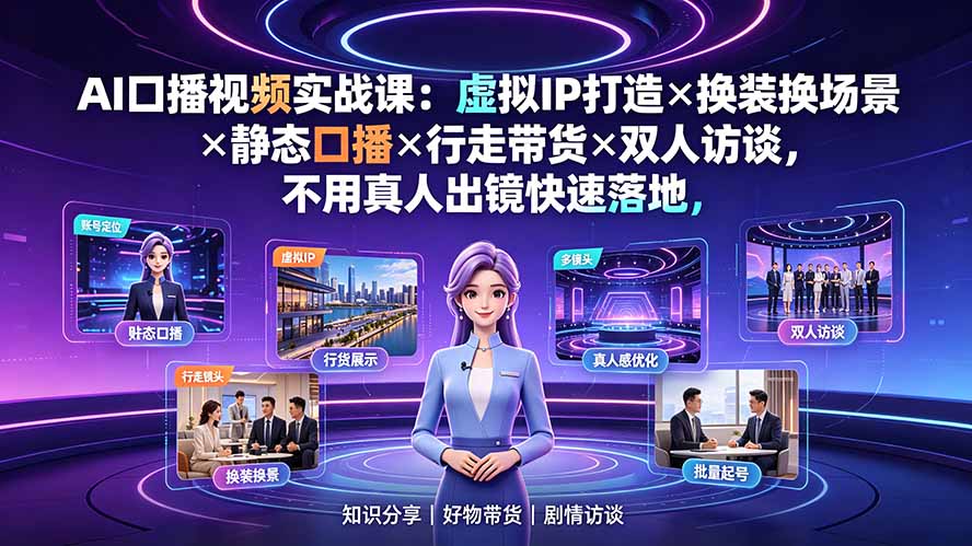 AI口播视频实战课:虚拟IP打造×换装换场景×静态口播×行走带货×双人访谈,不用真人出镜快速落地