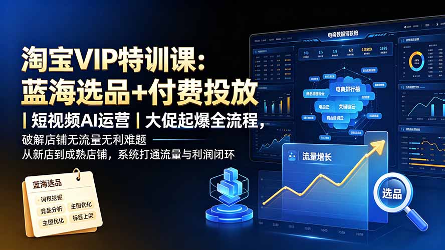 淘宝VIP特训课:蓝海选品+付费投放|短视频AI运营|大促起爆全流程,破解店铺无流量无利润难题