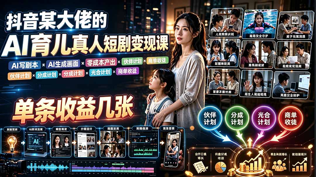 AI育儿真人短剧变现课：AI写剧本×AI生成画面×零成本产出×伙伴计划×分成计划×光合计划×商单收徒