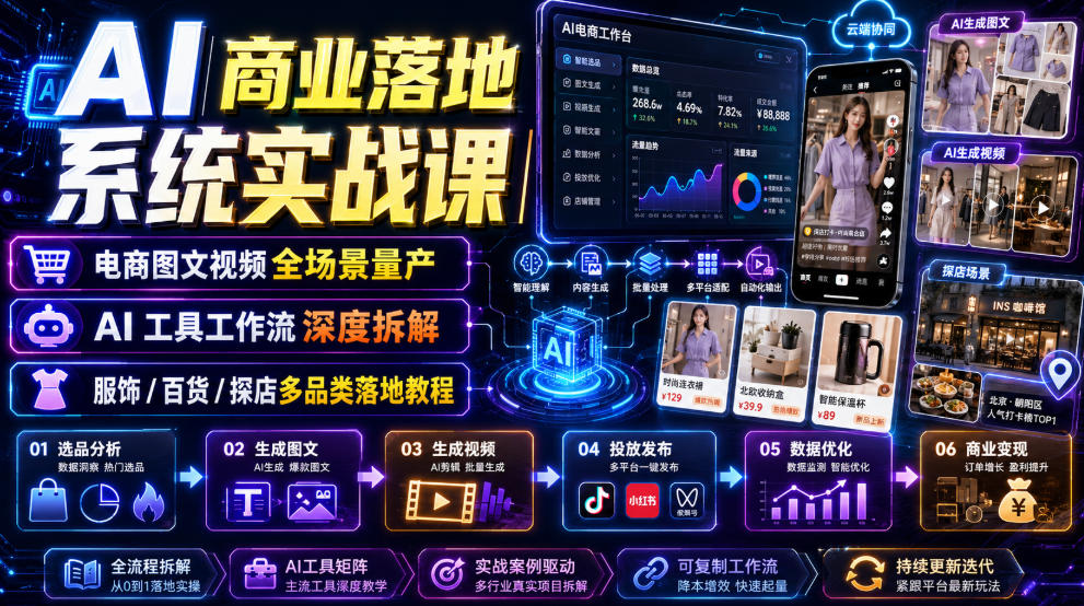 AI商业落地系统实战课|电商图文视频全场景量产・AI工具工作流深度拆解・服饰/百货/探店多品类落地教程