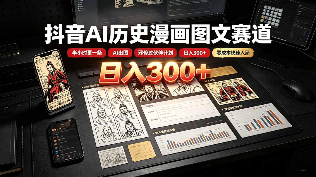 抖音AI历史漫画图文赛道:半小时更一条×AI出图×邪修过伙伴计划×日入300+,零成本快速入局