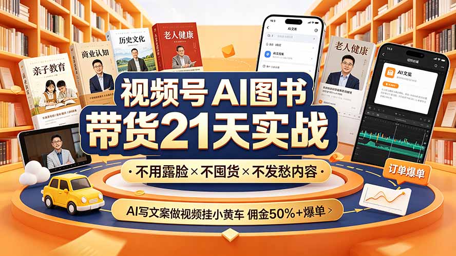 视频号AI图书带货21天实战:不用露脸×不囤货×不发愁内容,AI写文案做视频挂小黄车,佣金50%+爆单