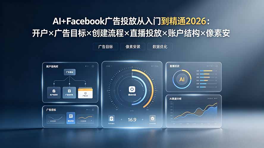 AI+Facebook广告投放从入门到精通2026:开户×广告目标×创建流程×直播投放×账户结构×像素安装×AI赋能