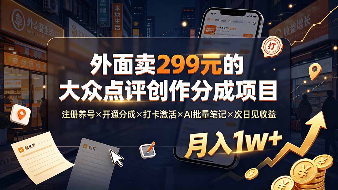 外面卖299元的大众点评创作分成项目:注册养号×开通分成×打卡激活×AI批量笔记×次日见收益,月入1w+