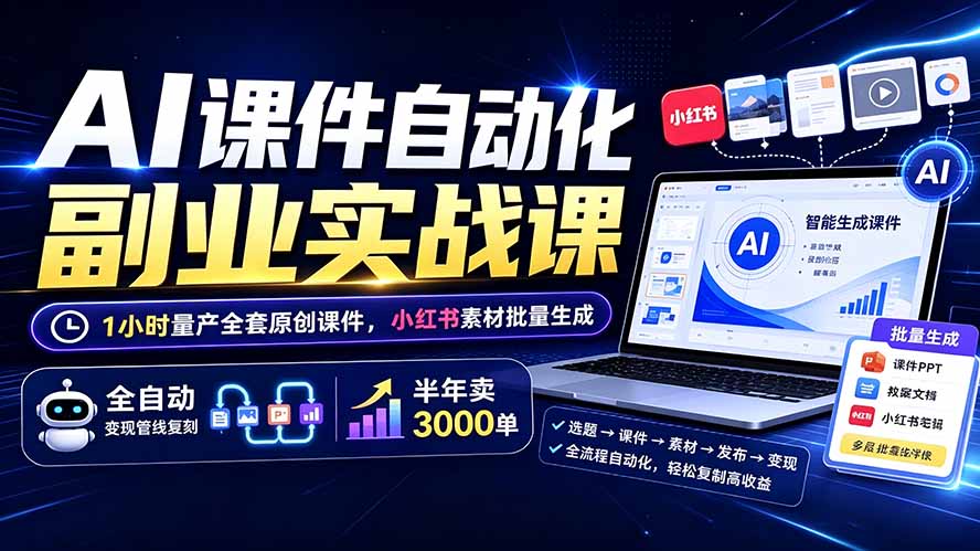 AI课件自动化副业实战课:1小时量产全套原创课件×小红书素材批量生成×全自动变现管线×半年卖3000单