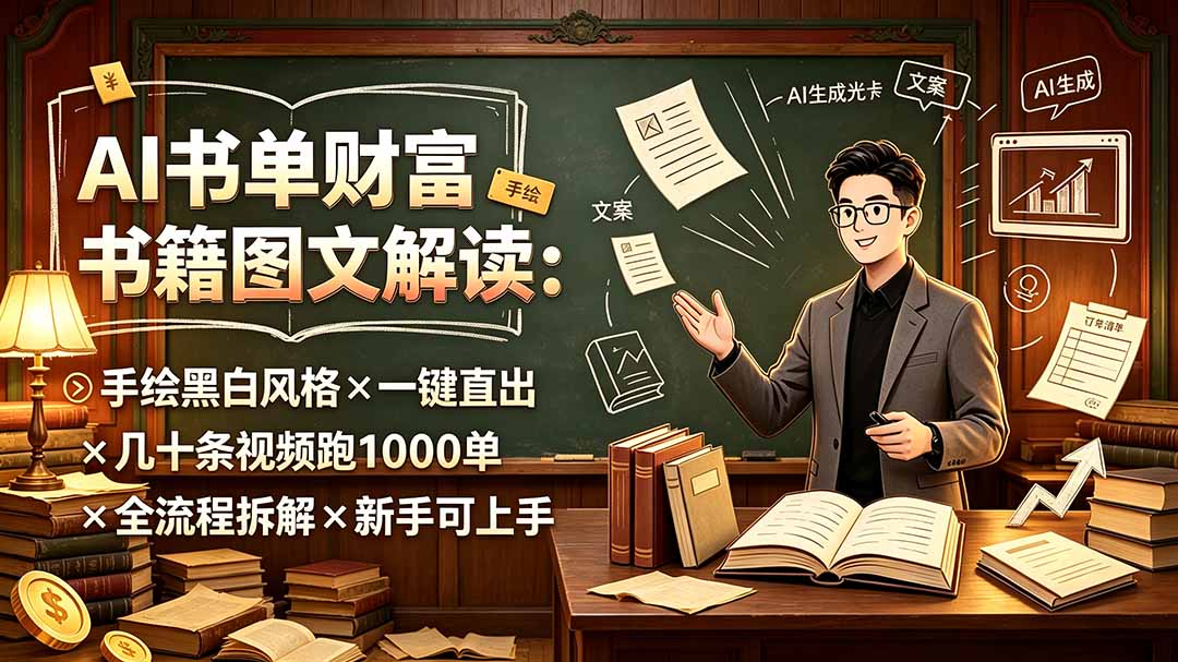 AI书单财富书籍图文解读:手绘黑白风格×一键直出×几十条视频跑1000单×全流程拆解×新手可上手