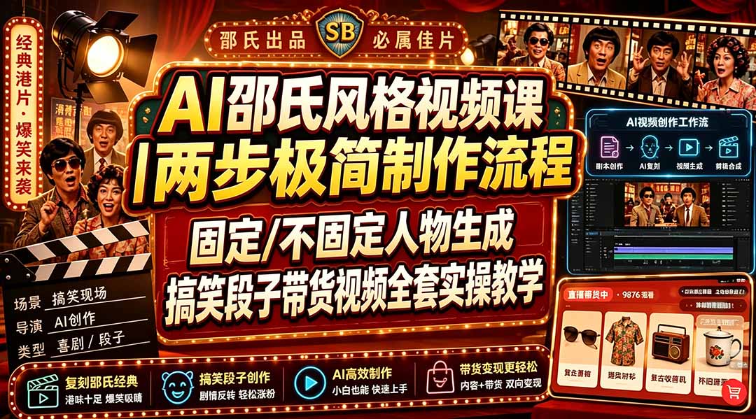 AI邵氏风格视频课｜两步极简制作流程，固定/不固定人物生成，搞笑段子带货视频全套实操教学