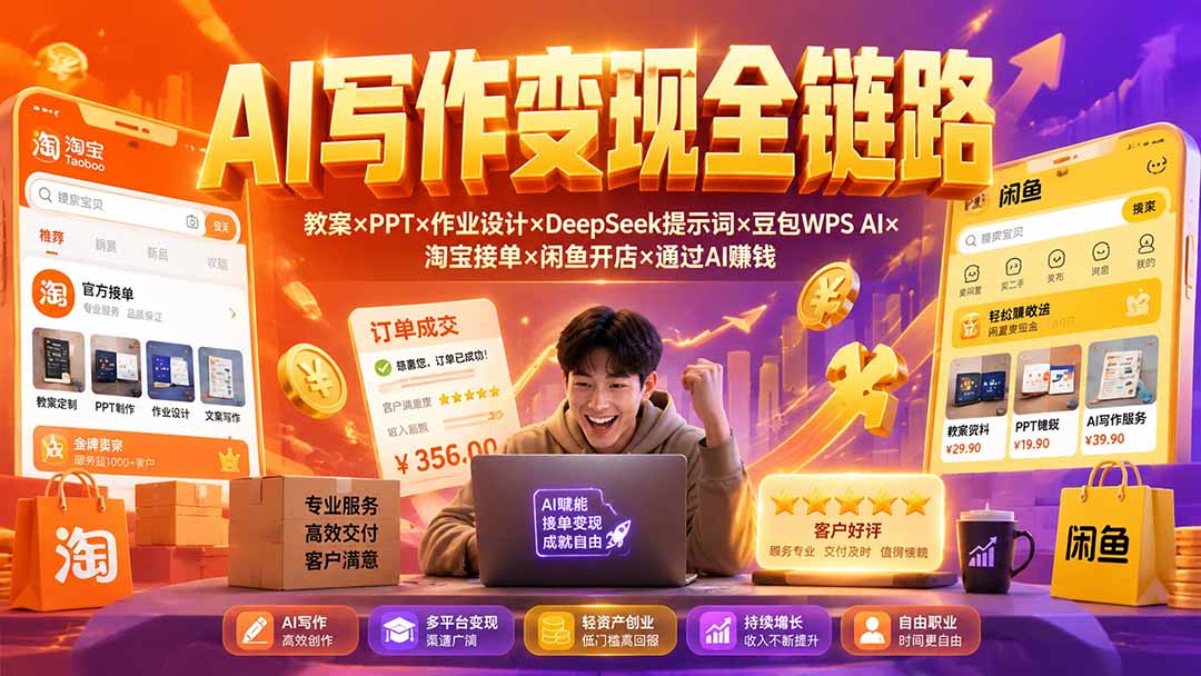 2026AI写作变现全链路：教案×PPT×作业设计×DeepSeek提示词×豆包WPS AI×淘宝接单×闲鱼开店×通过AI賺钱