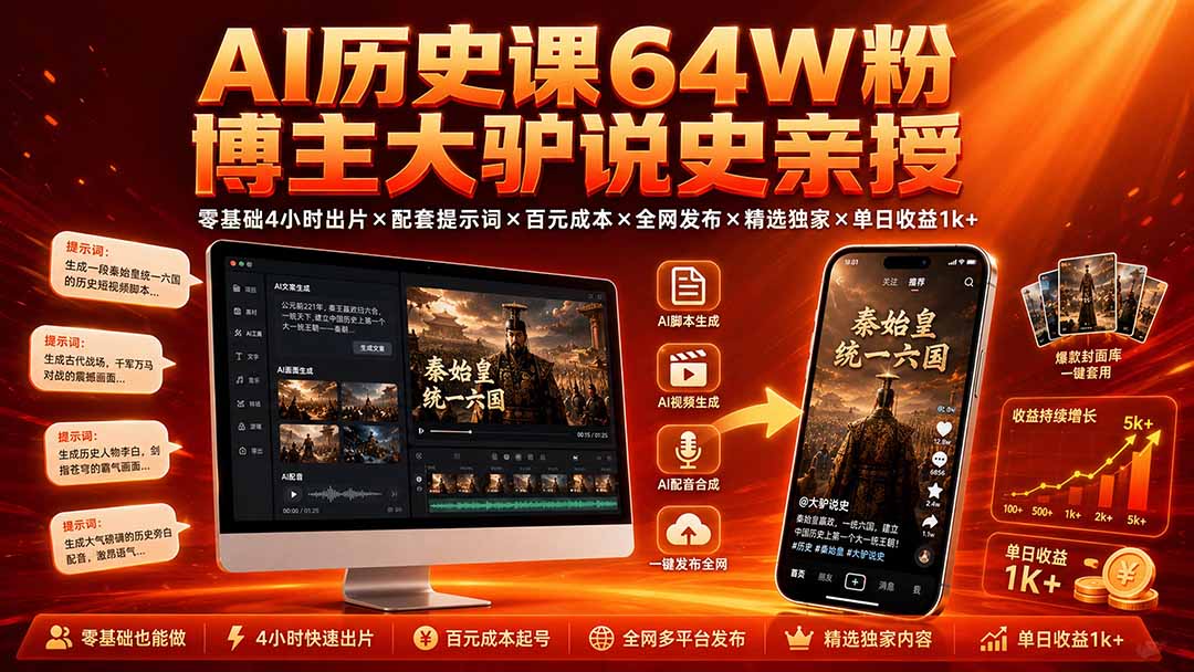 AI历史课64W粉博主大驴说史亲授:零基础4小时出片×配套提示词×百元成本×全网发布×精选独家×单日收益1k+