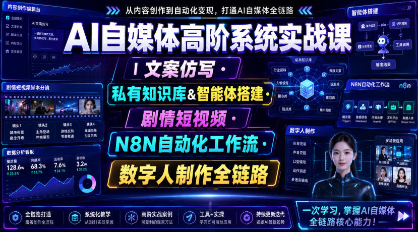 AI自媒体高阶系统实战课｜文案仿写・私有知识库&amp;智能体搭建・剧情短视频・N8N自动化工作流・数字人制作全链路