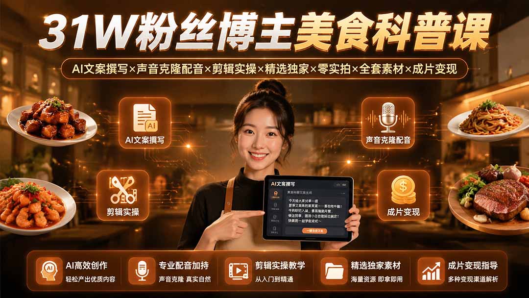 31W粉丝博主美食科普课：AI文案撰写×声音克隆配音×剪辑实操×精选独家×零实拍×全套素材×成片变现